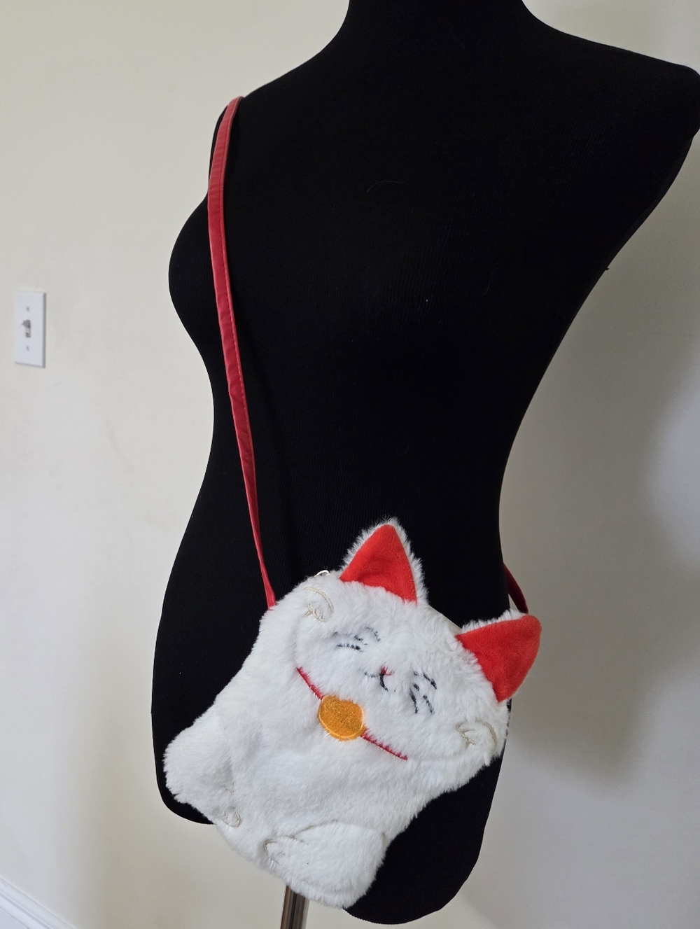 Cute White Plush Cat Crossbody Bag with Red Accents